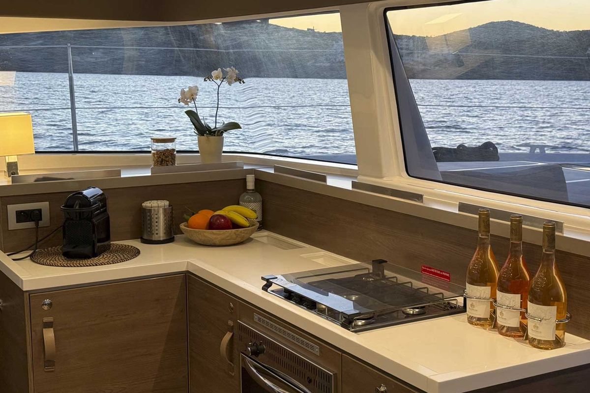 Galley of Jeux D'Hiver, a Bali 4.2 catamaran at Lavreotiki Municipal Unit, Greece