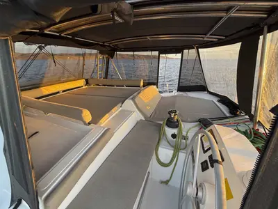 Cockpit of Jeux D'Hiver, a Bali 4.2 catamaran at Lavreotiki Municipal Unit, Greece