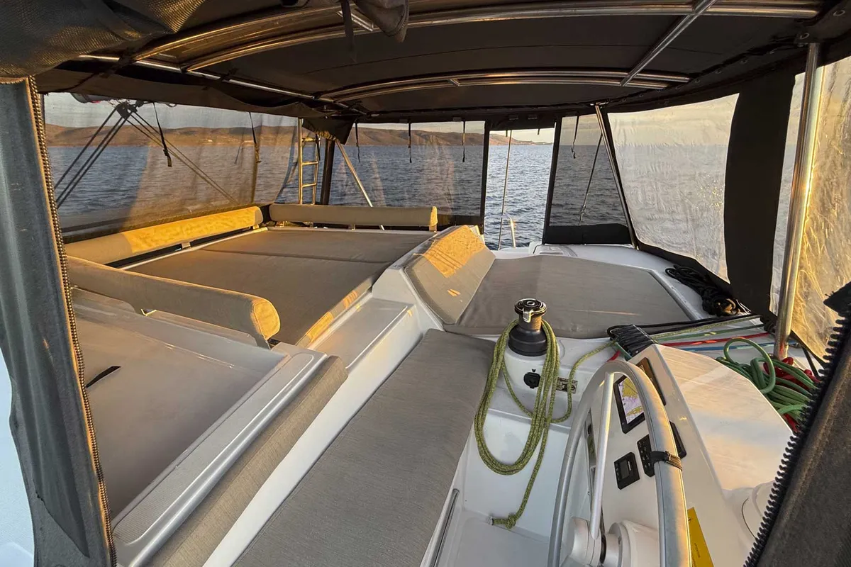 Cockpit of Jeux D'Hiver, a Bali 4.2 catamaran at Lavreotiki Municipal Unit, Greece
