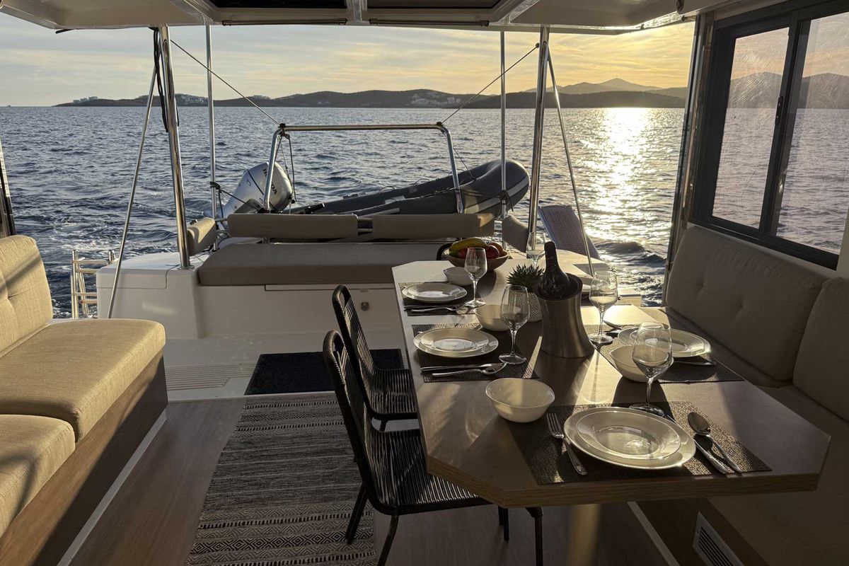 Deck of Jeux D'Hiver, a Bali 4.2 catamaran at Lavreotiki Municipal Unit, Greece