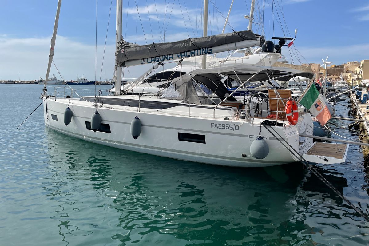 Exterior view of Red Horizon, a Bavaria C45 sailboat at Palermo, Italy