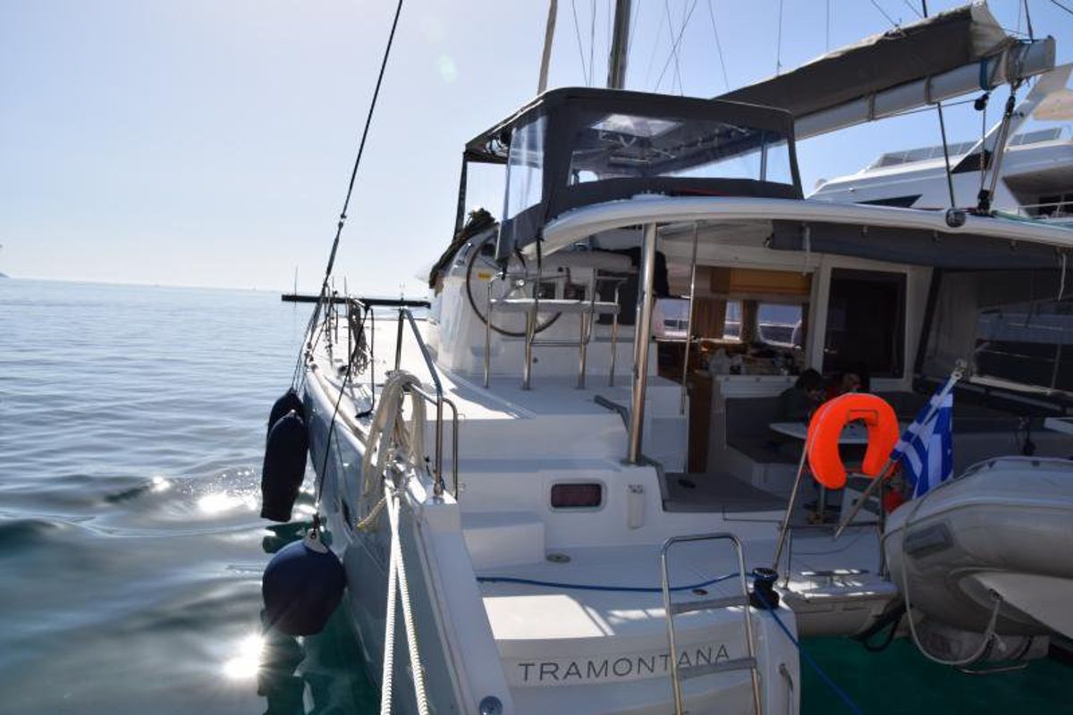Exterior view of Tramontana, a Lagoon 400 catamaran at Municipal Unit of Nea Peramos, Greece