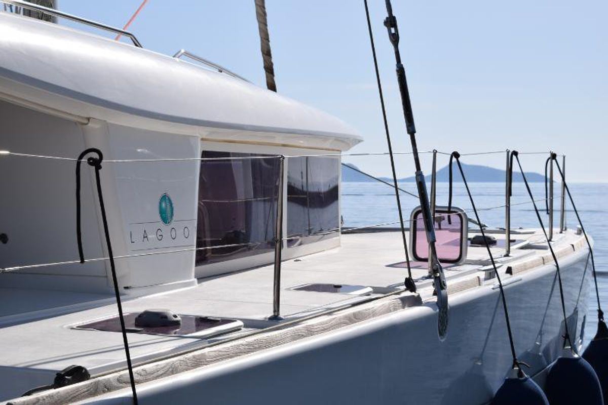 Exterior view of Tramontana, a Lagoon 400 catamaran at Municipal Unit of Nea Peramos, Greece