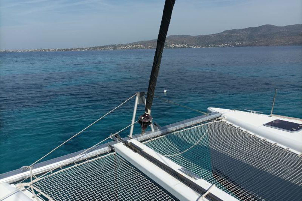 Deck of Tramontana, a Lagoon 400 catamaran at Municipal Unit of Nea Peramos, Greece
