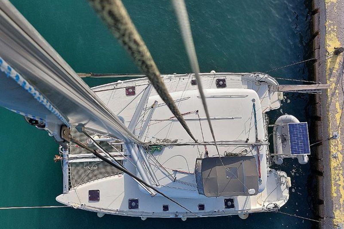Exterior view of Tramontana, a Lagoon 400 catamaran at Municipal Unit of Nea Peramos, Greece
