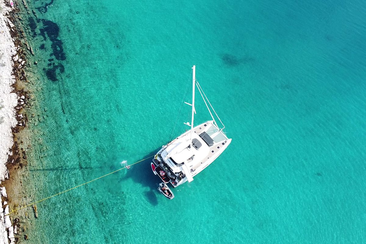 Exterior view of Tri-Wing, a Lagoon 55 catamaran at Grad Kaštela, Croatia