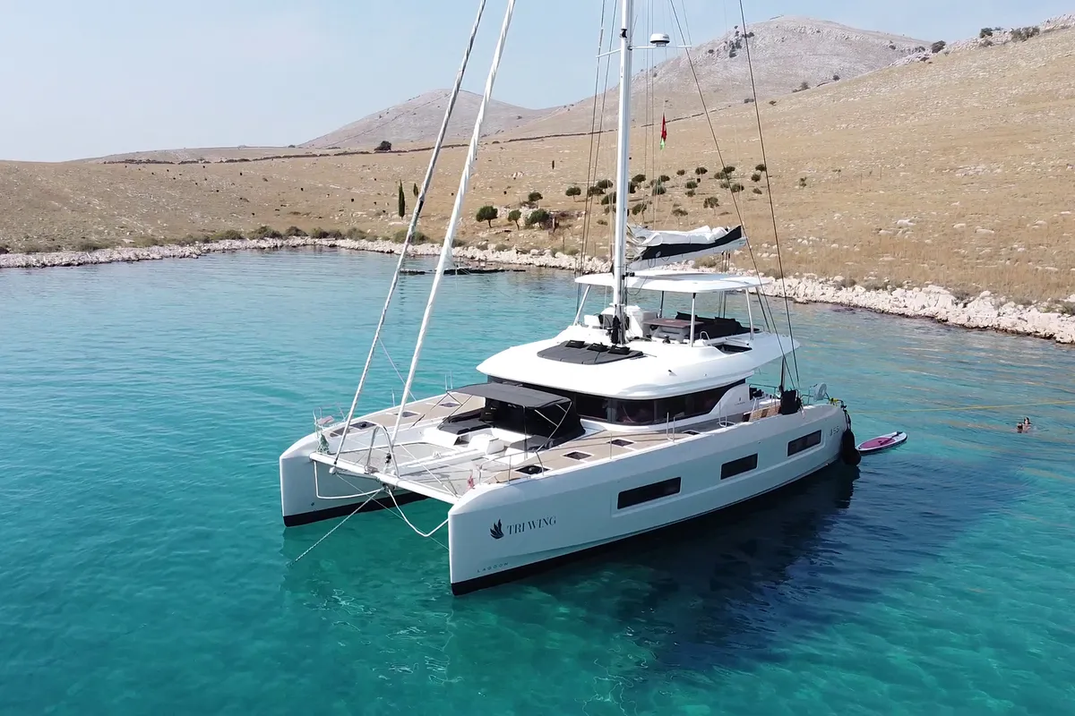 Exterior view of Tri-Wing, a Lagoon 55 catamaran at Grad Kaštela, Croatia
