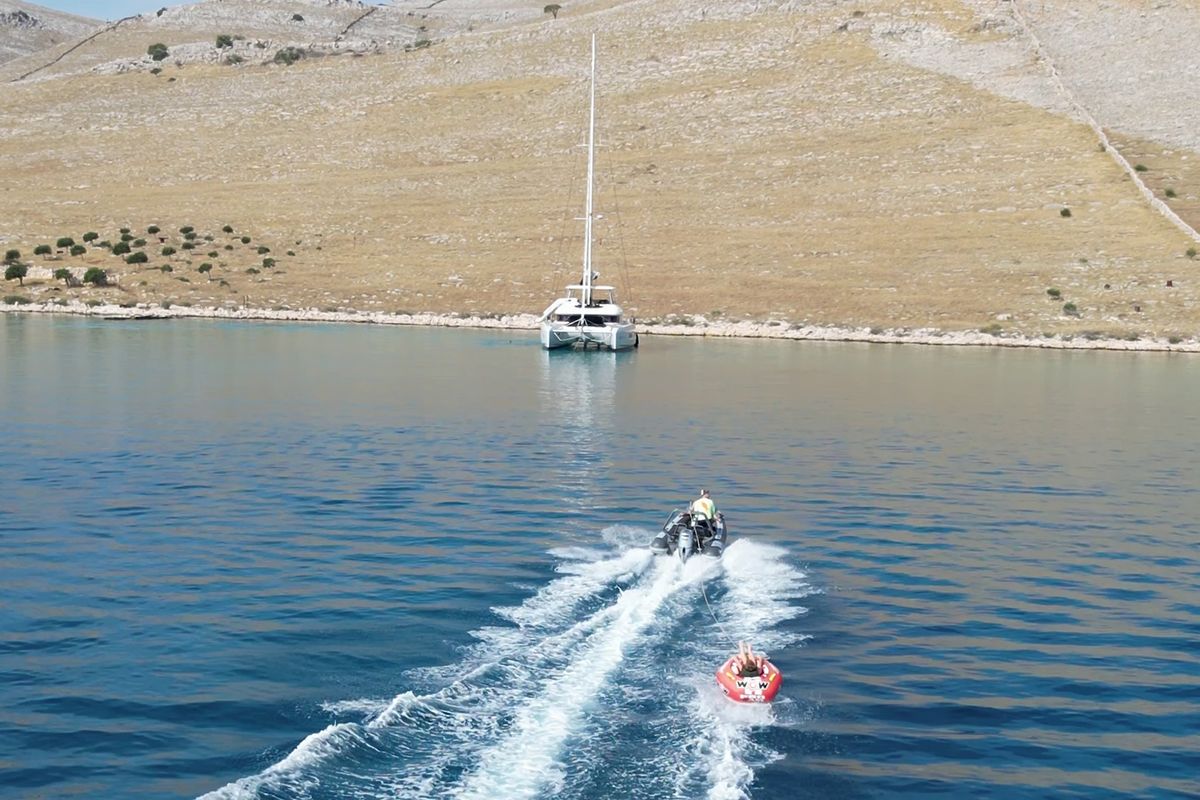 Exterior view of Tri-Wing, a Lagoon 55 catamaran at Grad Kaštela, Croatia