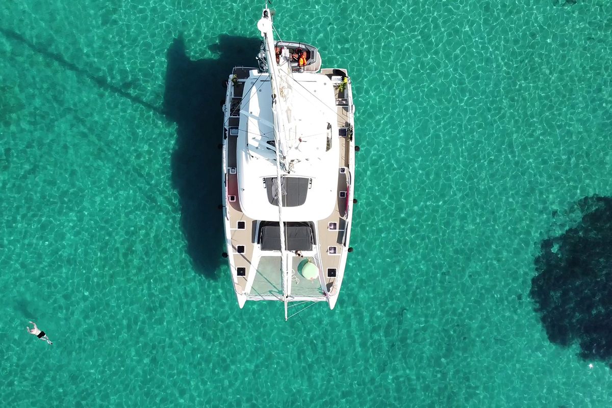 Exterior view of Tri-Wing, a Lagoon 55 catamaran at Grad Kaštela, Croatia