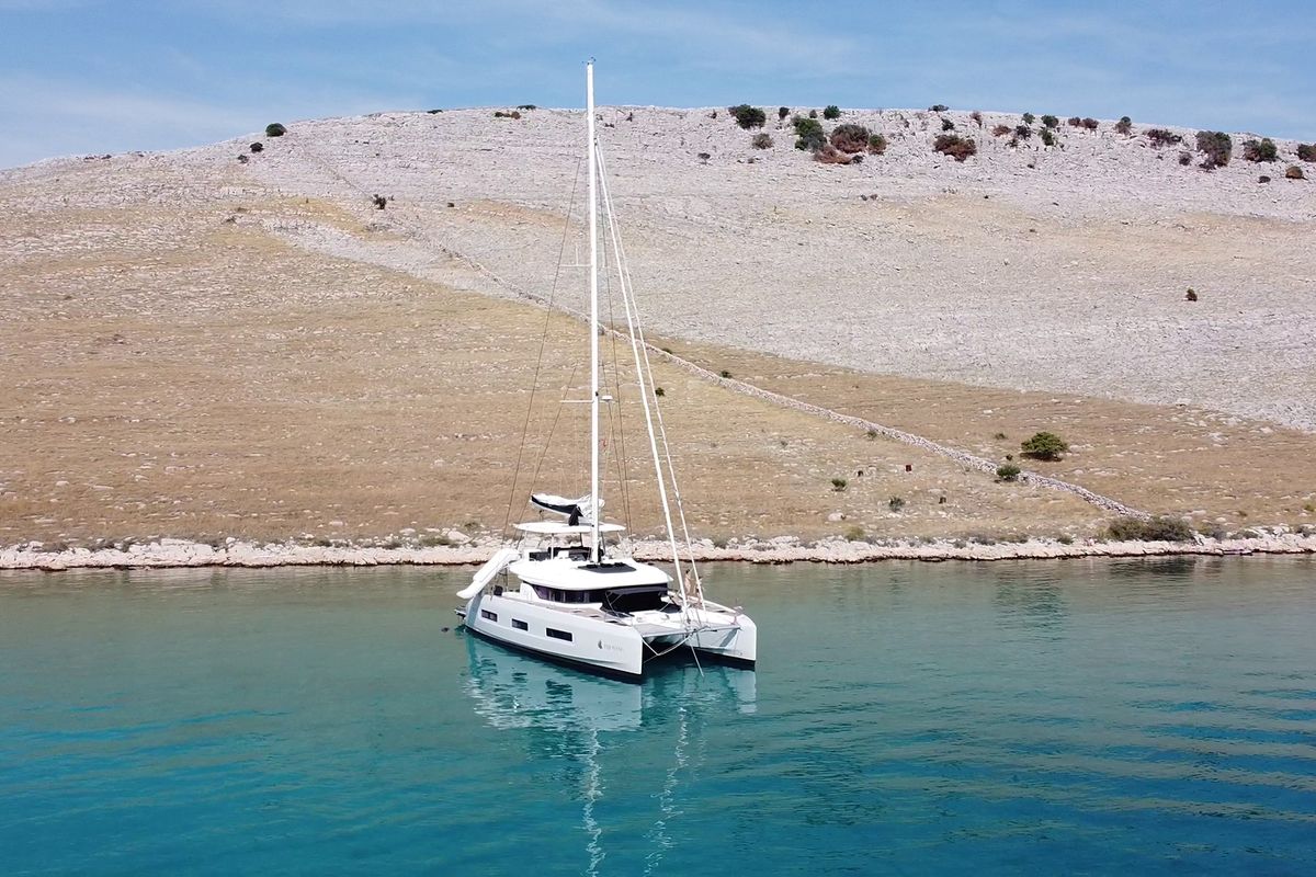 Exterior view of Tri-Wing, a Lagoon 55 catamaran at Grad Kaštela, Croatia