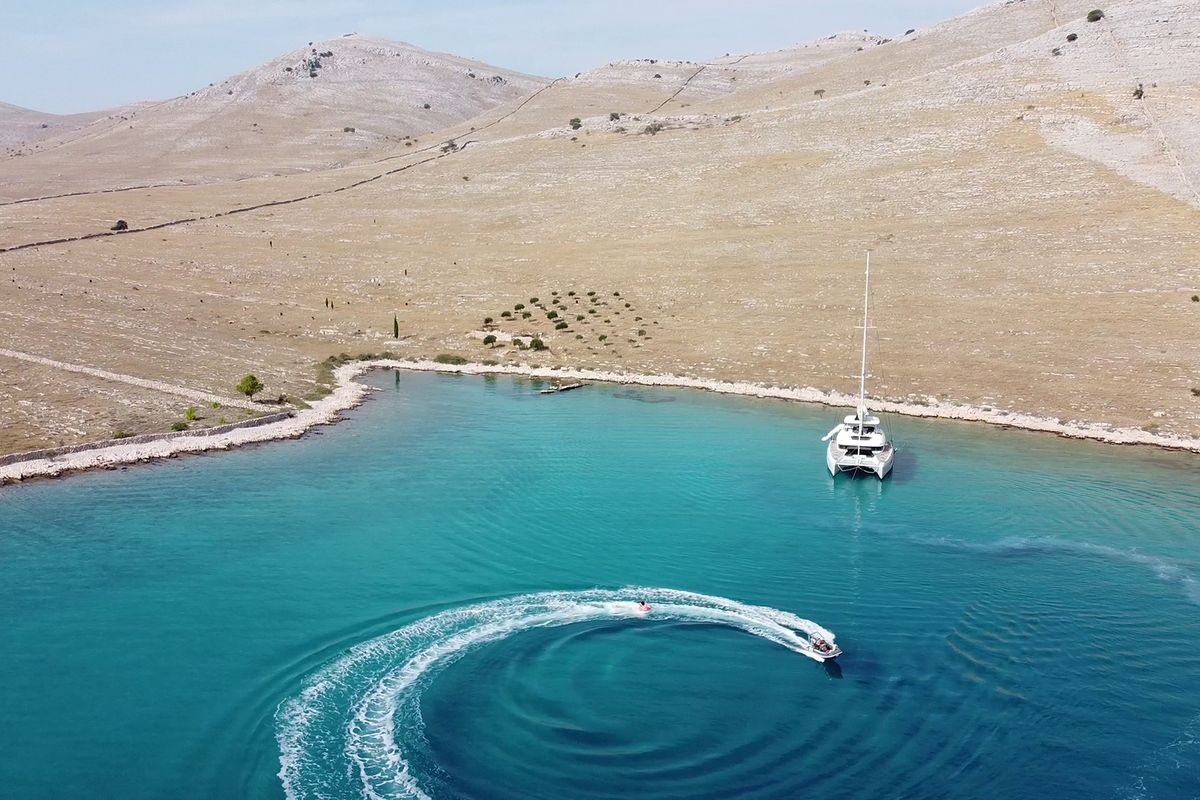 Exterior view of Tri-Wing, a Lagoon 55 catamaran at Grad Kaštela, Croatia
