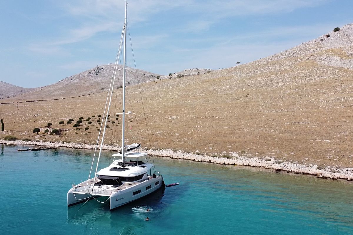 Exterior view of Tri-Wing, a Lagoon 55 catamaran at Grad Kaštela, Croatia