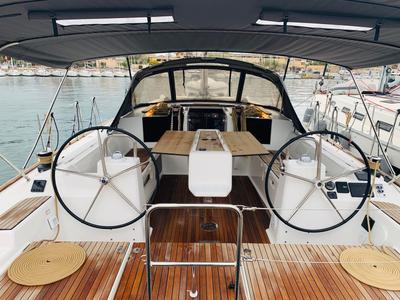 Cockpit of Salted Caramel, a Dufour 460 GL sailboat at Lavreotiki Municipal Unit, Greece