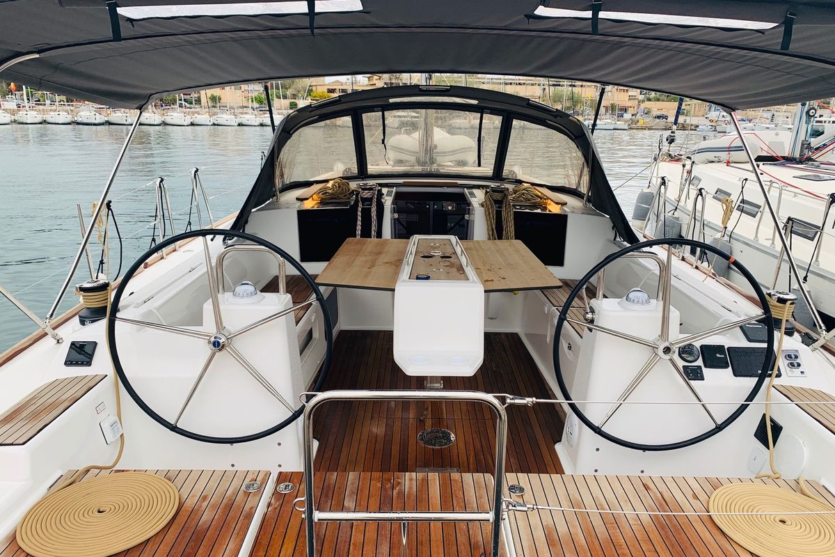Cockpit of Salted Caramel, a Dufour 460 GL sailboat at Lavreotiki Municipal Unit, Greece
