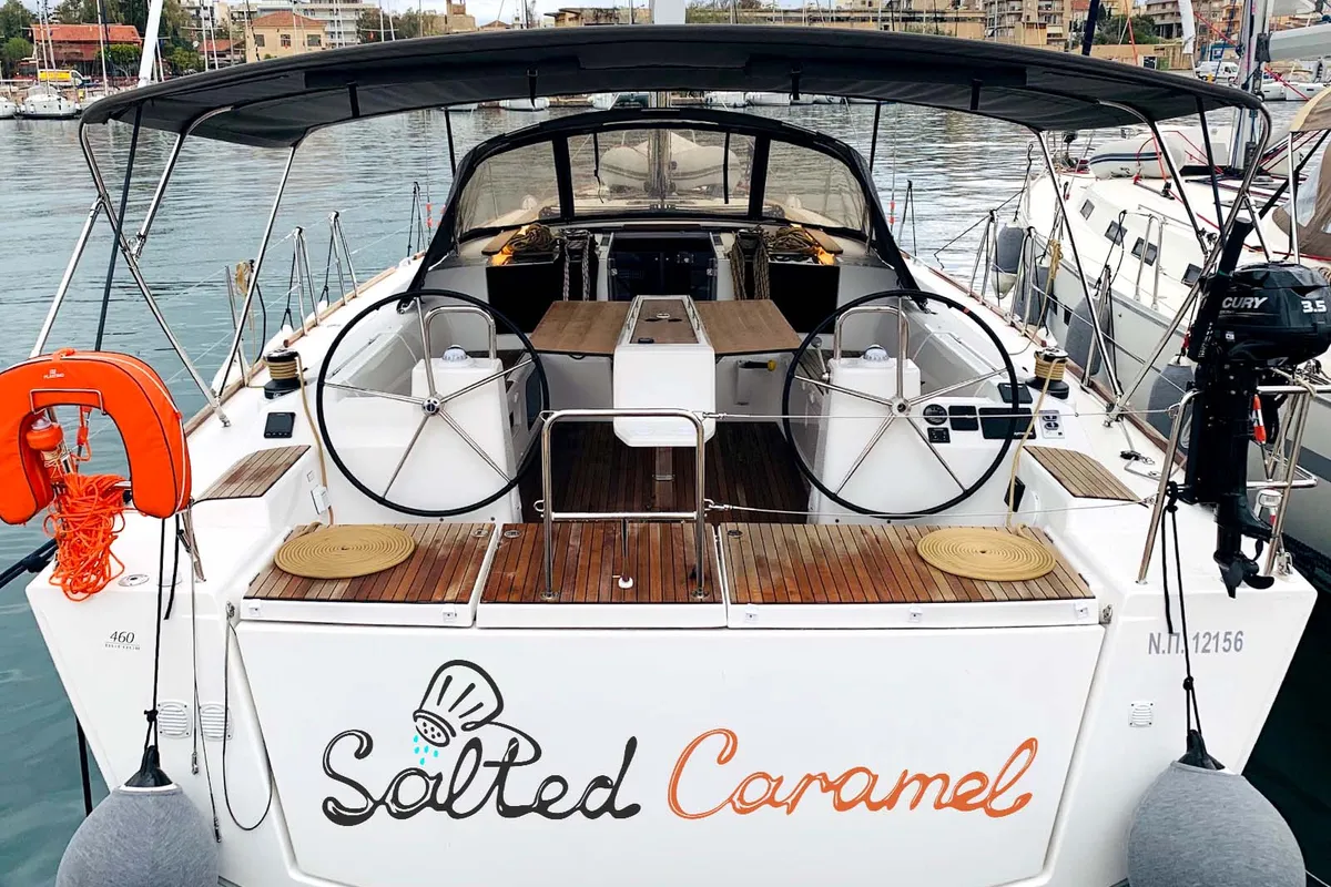 Exterior view of Salted Caramel, a Dufour 460 GL sailboat at Lavreotiki Municipal Unit, Greece