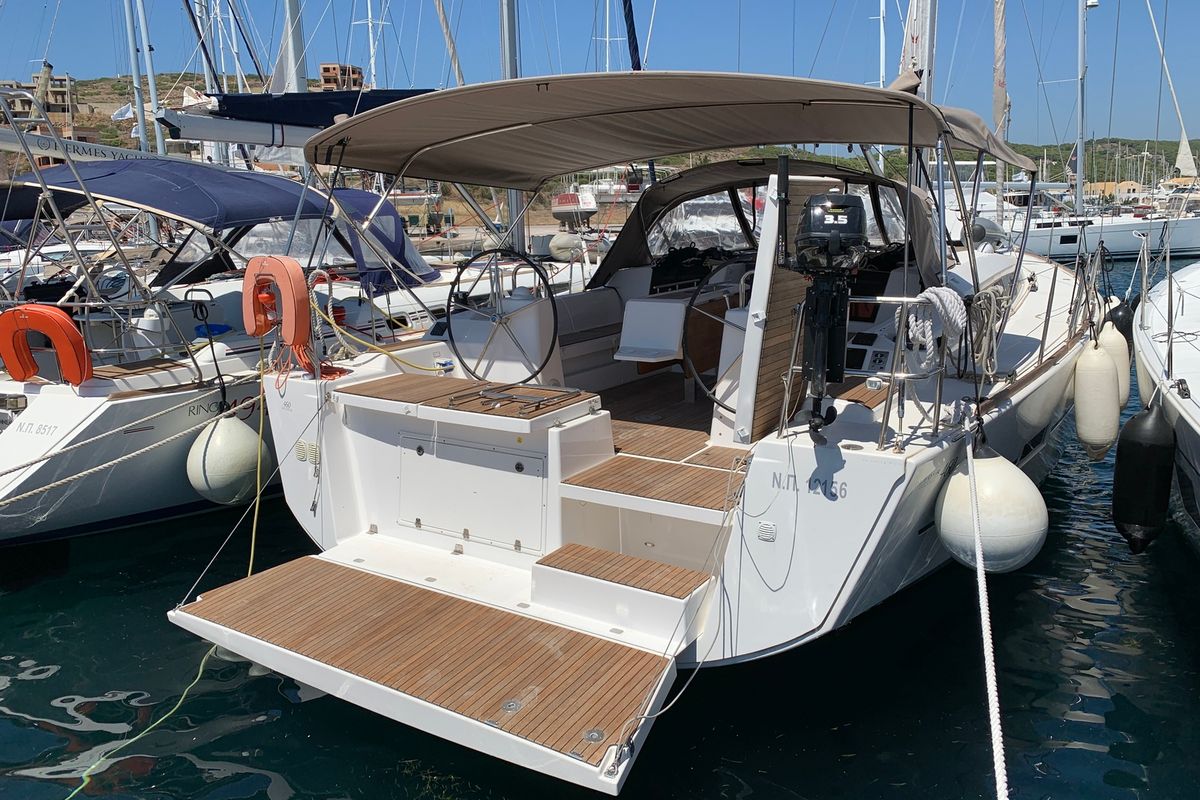 Exterior view of Salted Caramel, a Dufour 460 GL sailboat at Lavreotiki Municipal Unit, Greece