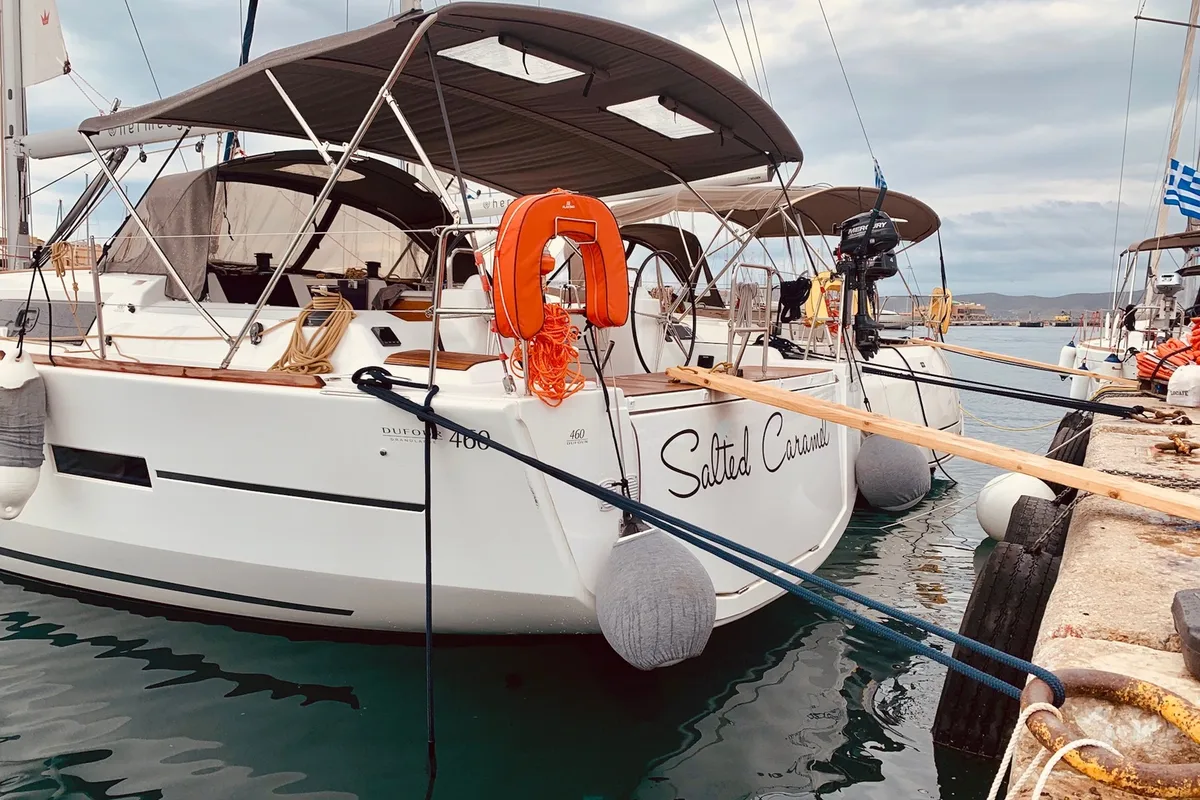 Exterior view of Salted Caramel, a Dufour 460 GL sailboat at Lavreotiki Municipal Unit, Greece