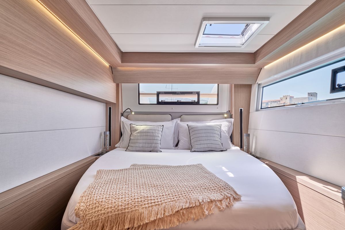 Cabin on One Feeling, a Lagoon 51 catamaran at Athens, Greece