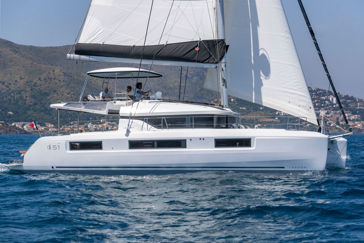 Exterior view of One Feeling, a Lagoon 51 catamaran at Athens, Greece