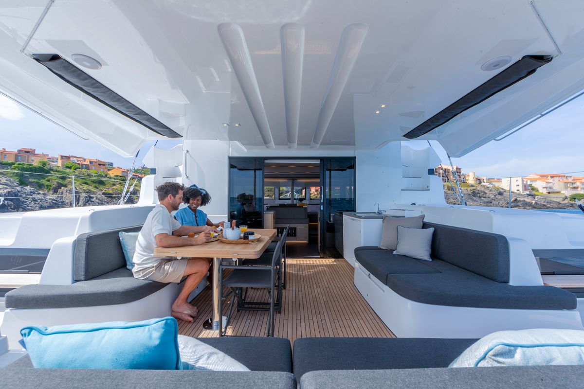 Deck of One Feeling, a Lagoon 51 catamaran at Athens, Greece