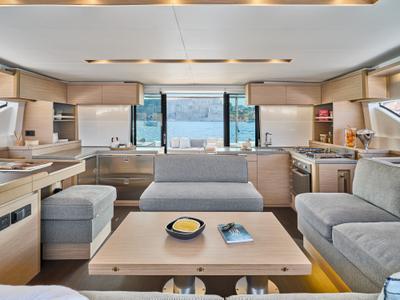 Salon of One Feeling, a Lagoon 51 catamaran at Athens, Greece