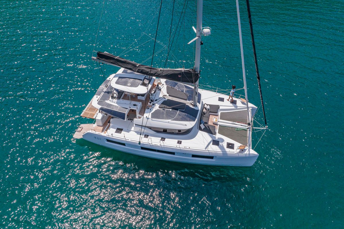 Exterior view of One Feeling, a Lagoon 51 catamaran at Athens, Greece
