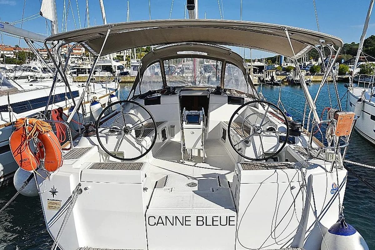 Cockpit of Canne Bleue, a Jeanneau Sun Odyssey 449 sailboat at Municipal Unit of Rhodes, Greece