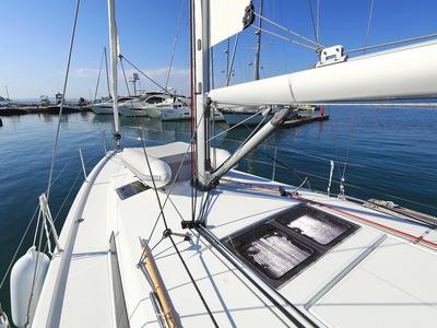Deck of Vague, a Jeanneau Sun Odyssey 410 sailboat at Zadar, Croatia