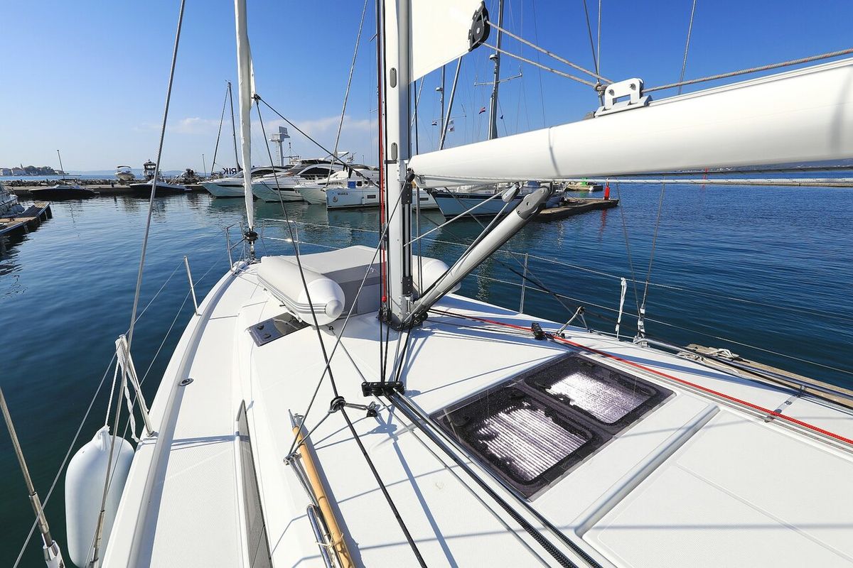 Deck of Vague, a Jeanneau Sun Odyssey 410 sailboat at Zadar, Croatia