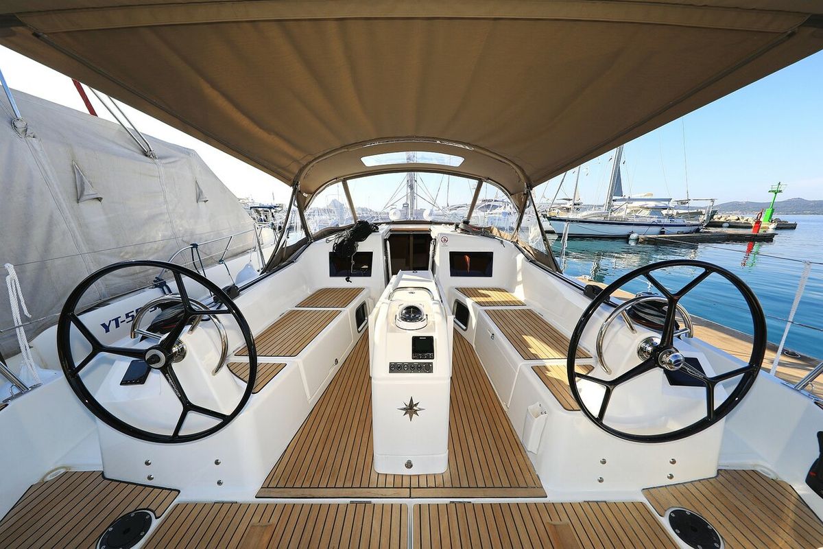 Cockpit of Vague, a Jeanneau Sun Odyssey 410 sailboat at Zadar, Croatia