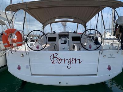 Cockpit of Borgeri, a Jeanneau Sun Odyssey 410 sailboat at Cecina, Italy