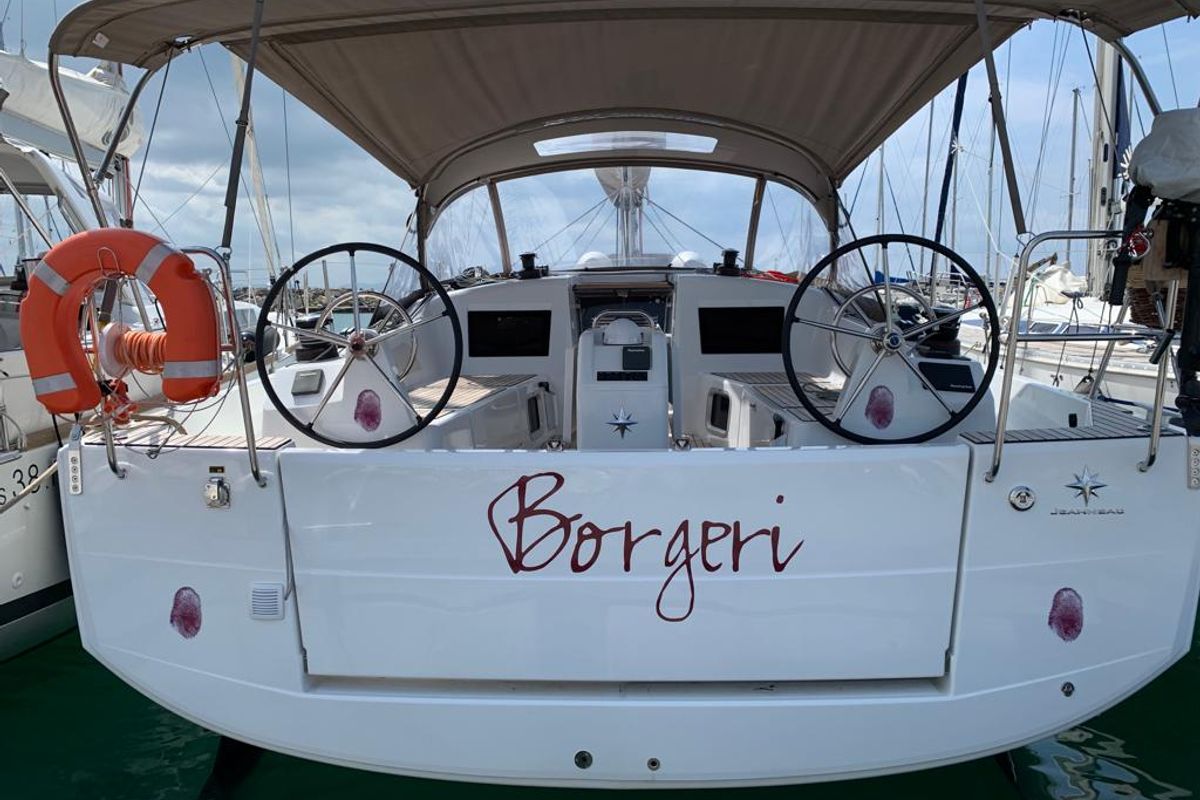 Cockpit of Borgeri, a Jeanneau Sun Odyssey 410 sailboat at Cecina, Italy
