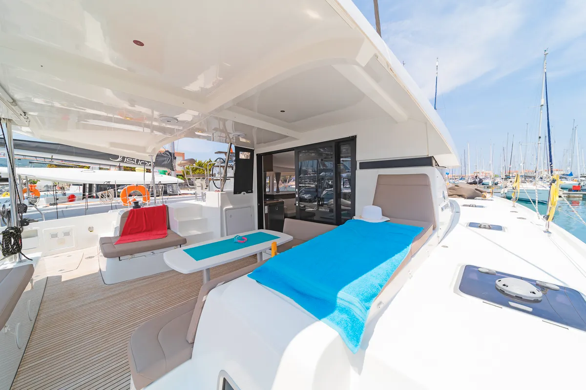 Deck of Pulsar, a Lagoon 42 catamaran at Municipal Unit of Lefkada, Greece