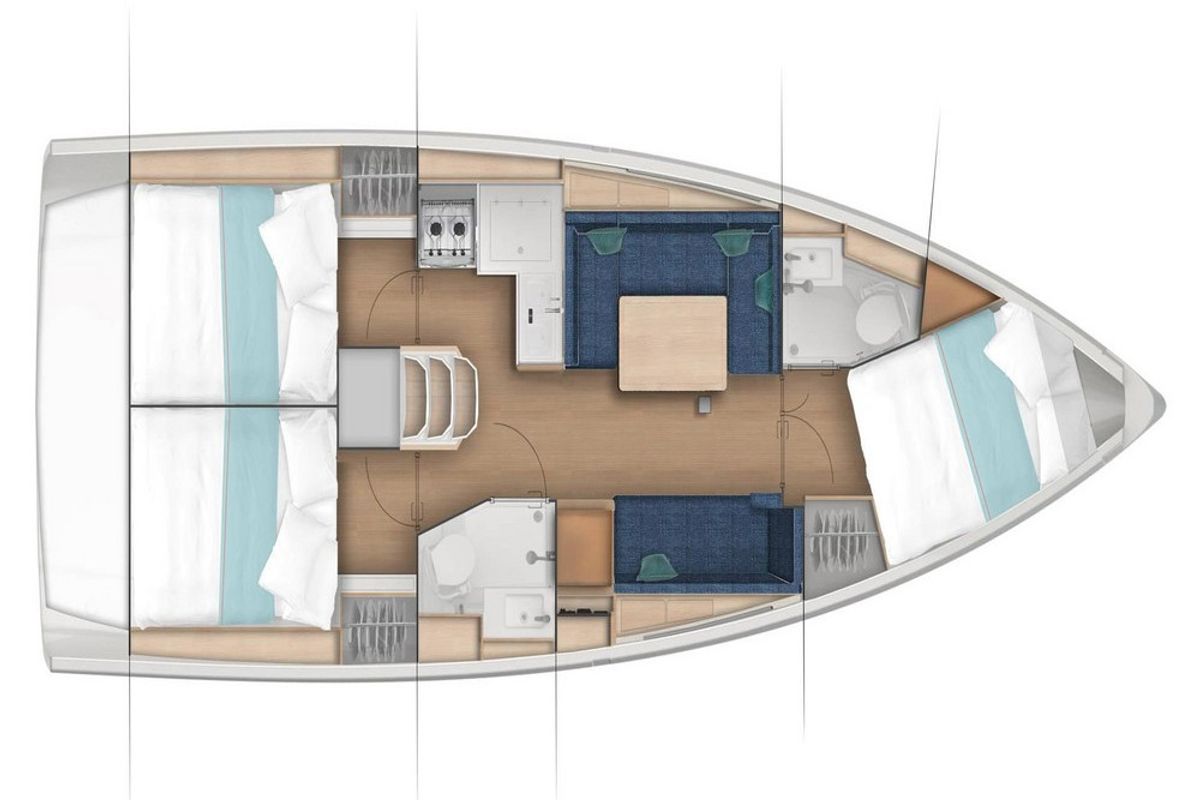 Floor plan of Šinki Jr, a Jeanneau Sun Odyssey 380 sailboat at Općina Sukošan, Croatia