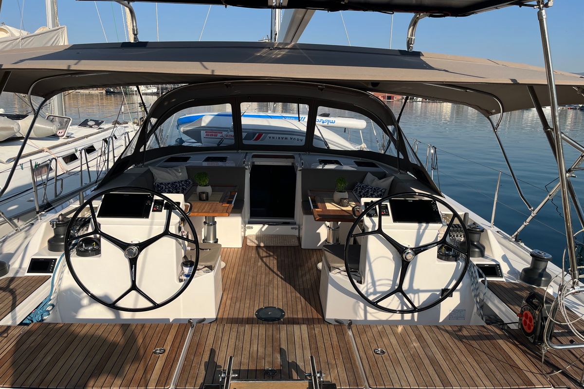 Cockpit of Vela , a Bavaria C50 sailboat at Volos Municipality, Greece