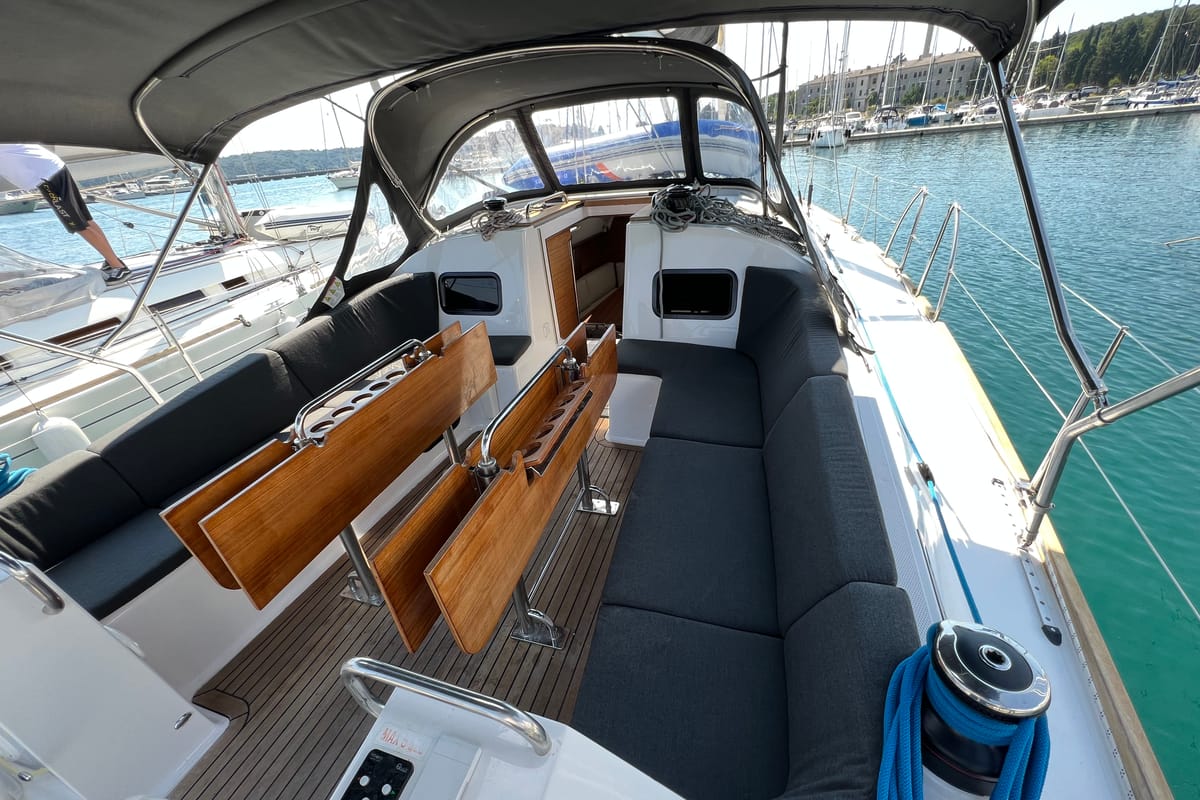 Cockpit of VIKI, a Elan Impression 45.1 sailboat at Grad Pula, Croatia