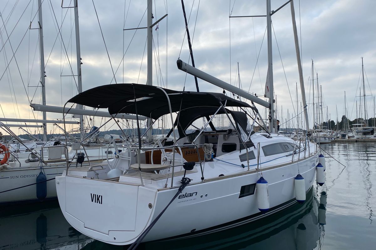 Exterior view of VIKI, a Elan Impression 45.1 sailboat at Grad Pula, Croatia
