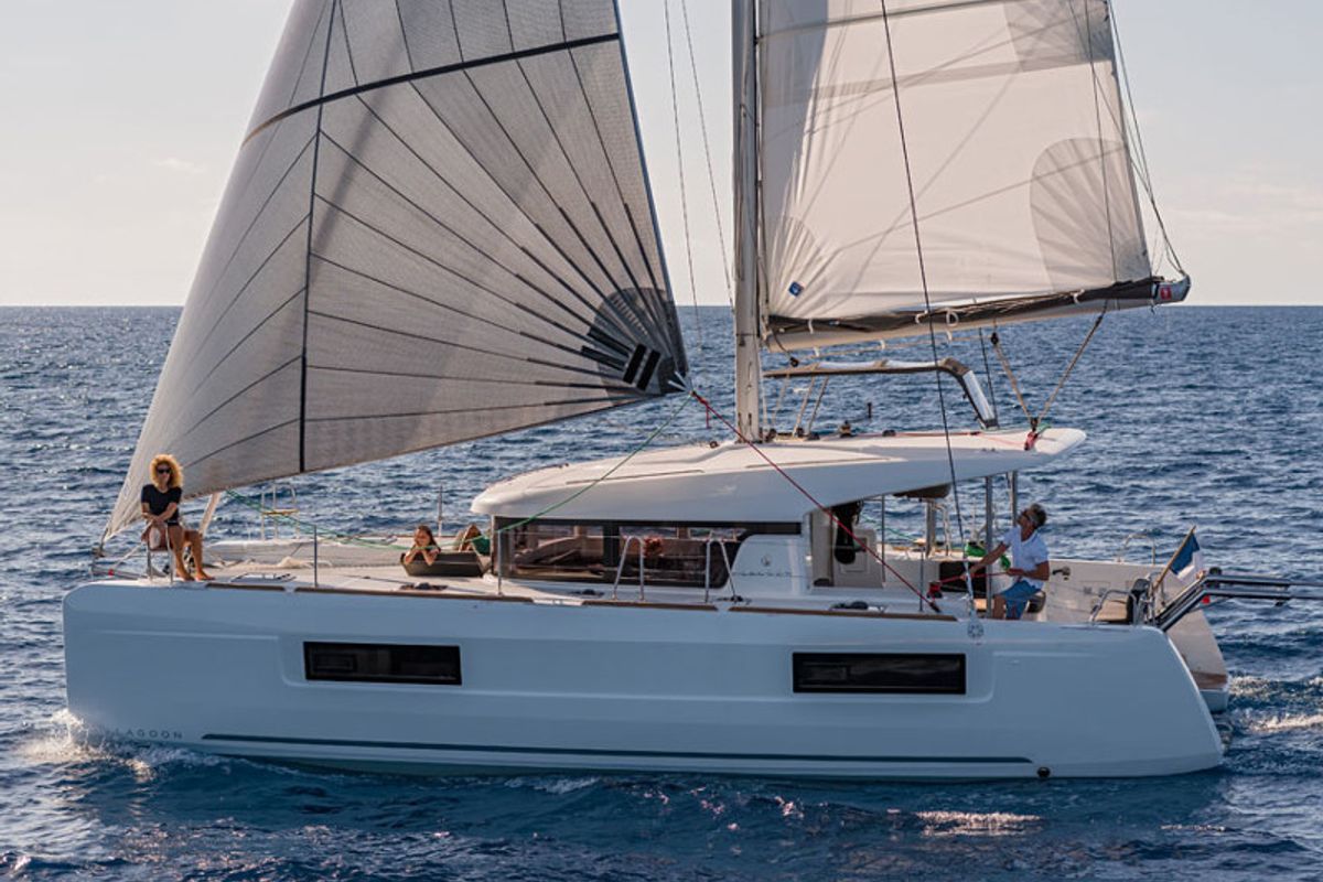Exterior view of Monarch, a Lagoon 40 catamaran at Primošten, Croatia