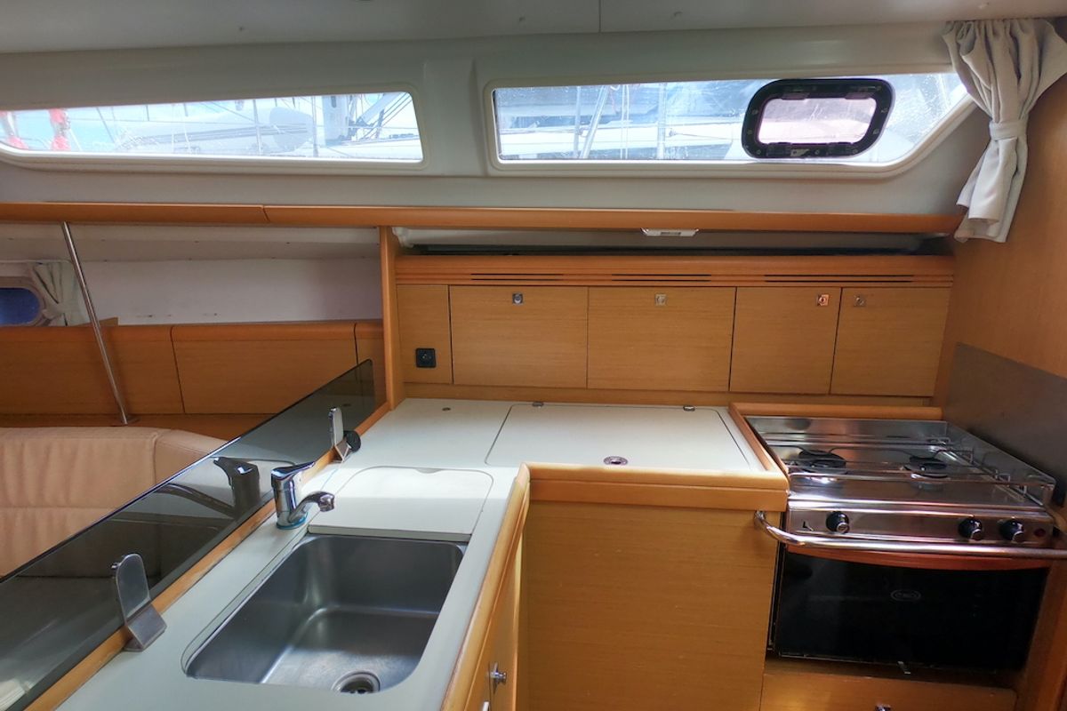 Galley of Bliksem, a Jeanneau Sun Odyssey 36i Performance sailboat at Olbia, Italy