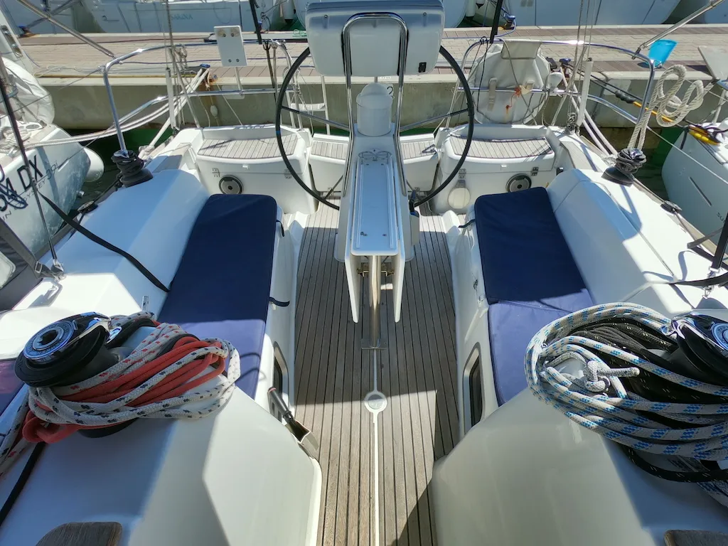 Cockpit of Bliksem, a Jeanneau Sun Odyssey 36i Performance sailboat at Olbia, Italy
