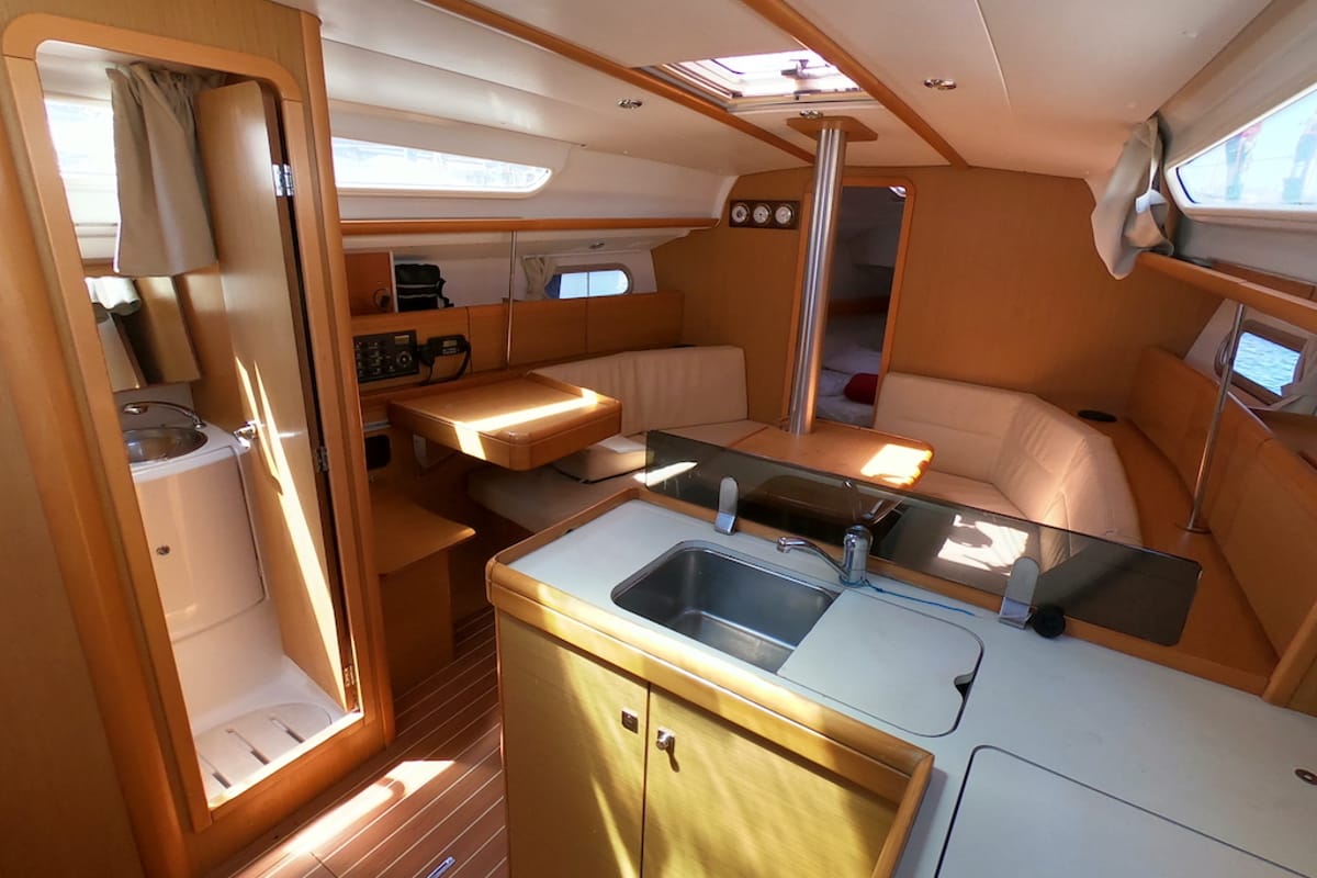 Galley of Bliksem, a Jeanneau Sun Odyssey 36i Performance sailboat at Olbia, Italy