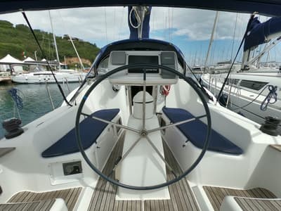 Cockpit of Bliksem, a Jeanneau Sun Odyssey 36i Performance sailboat at Olbia, Italy
