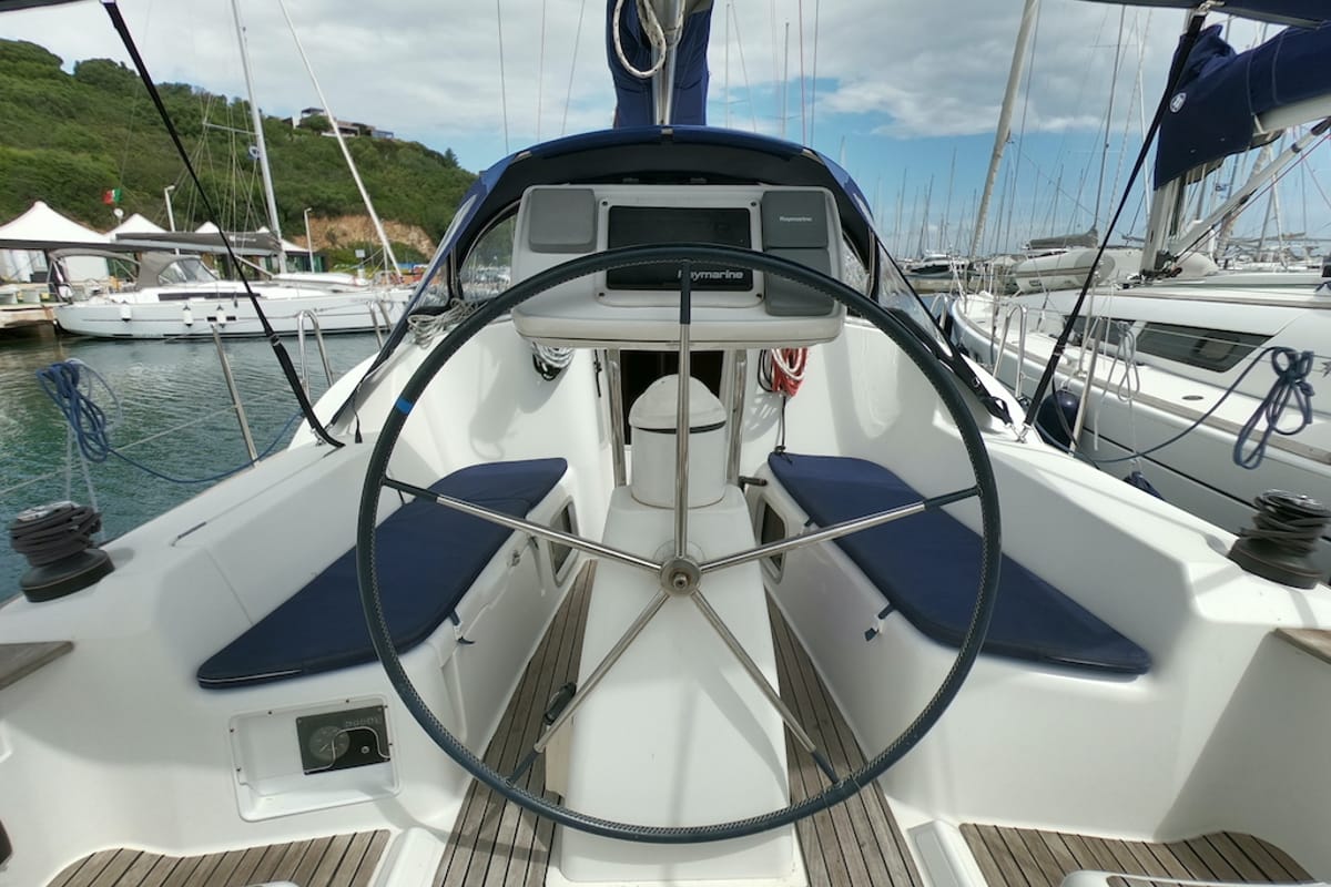 Cockpit of Bliksem, a Jeanneau Sun Odyssey 36i Performance sailboat at Olbia, Italy