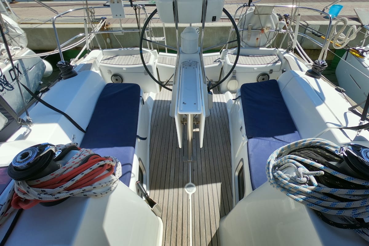 Deck of Bliksem, a Jeanneau Sun Odyssey 36i Performance sailboat at Olbia, Italy