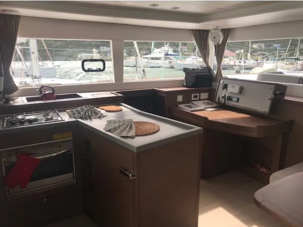 Galley of Paula , a Lagoon 450 catamaran at Sant Antoni de Portmany, Spain