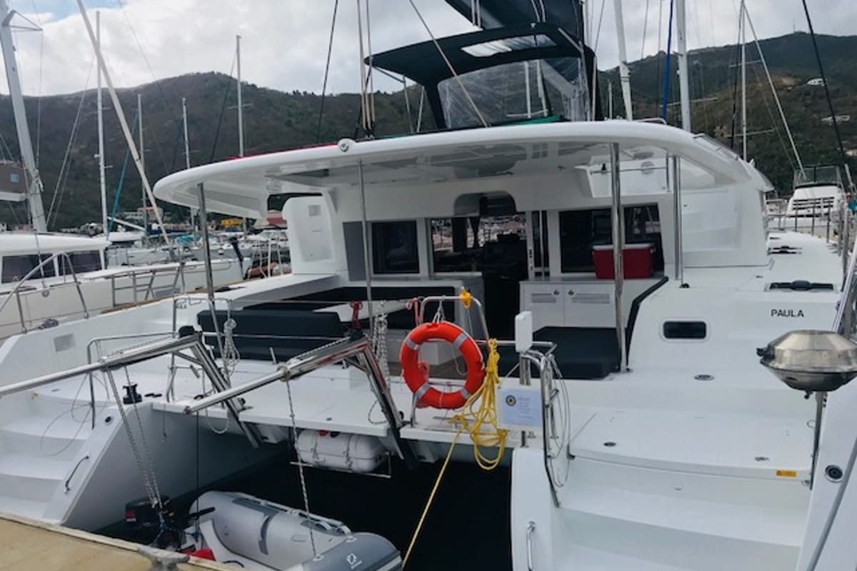 Deck of Paula , a Lagoon 450 catamaran at Sant Antoni de Portmany, Spain