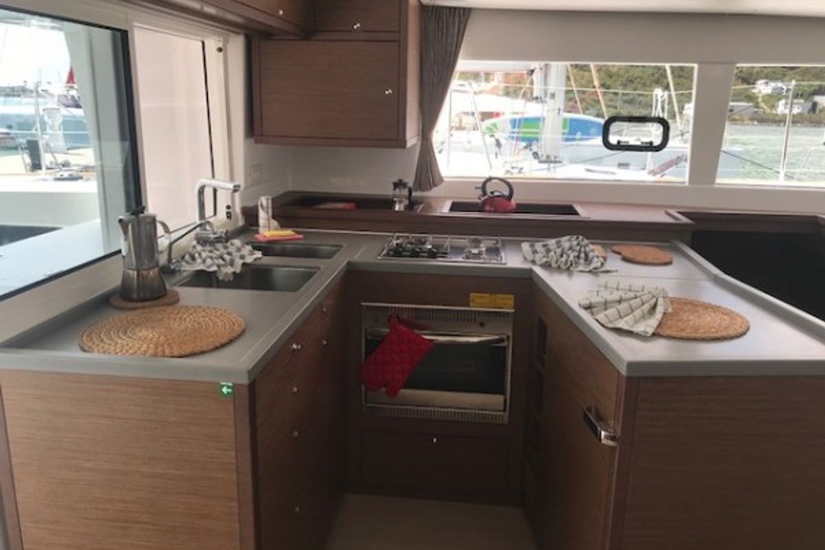Galley of Paula , a Lagoon 450 catamaran at Sant Antoni de Portmany, Spain