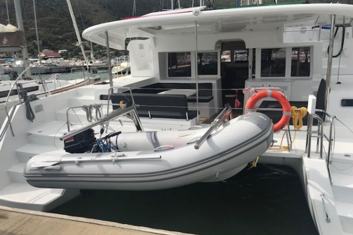 Deck of Paula , a Lagoon 450 catamaran at Sant Antoni de Portmany, Spain