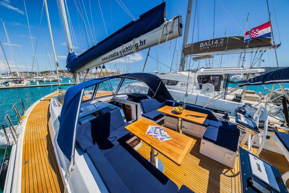 Deck of Whistler, a Hanse Yachts Hanse 460 sailboat at Seget Donji, Croatia