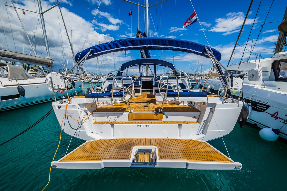 Exterior view of Whistler, a Hanse Yachts Hanse 460 sailboat at Seget Donji, Croatia